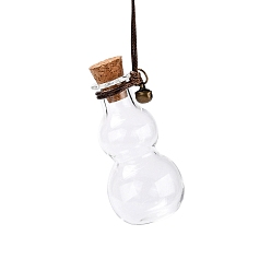 Clear Gourd-shaped Glass Cork Bottles Ornament, with Waxed Cord & Iron Bell, Glass Empty Wishing Bottles, DIY Vials for Pendant Decorations, Clear, 24.1cm, Capacity: 12ml(0.41fl. oz)
