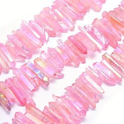 Pink Electroplated Natural Quartz Crystal Beads Strands, Dyed, Nuggets, Rainbow Plated, Pink, 20~39x5~12mm, Hole: 1~1.5mm, about 15.7 inch(40cm).