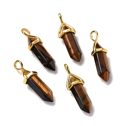 Tiger Eye Natural Tiger Eye Pendants, Faceted, with Golden Tone Brass Findings, Lead free & Cadmium Free, Bullet, 27~30x9~10x7~8mm, Hole: 4x3mm
