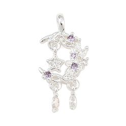 Посеребрённый Латунные микро проложить кубического циркония подвески, Луна и звезды, 925 серебро покрытием, 27x13x3.5 мм, отверстие : 4x3 мм