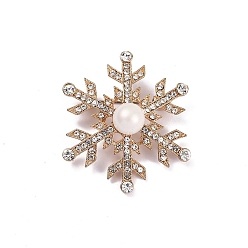 Golden Christmas Snowflake Rhinestone Brooch Pin with Plastic Pearl Beaded, Alloy Brooch for Backpack Clothes, Golden, 45mm