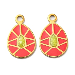 Red 304 Stainless Steel Pendants, with Enamel, Teardrop Charm, Real 14K Gold Plated, Red, 17x10.5x1~1.5mm, Hole: 1.8mm