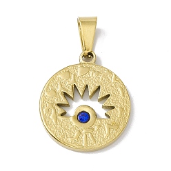 Golden Vacuum Plating 304 Stainless Steel Pendants, with Sapphire Rhinestone, Flat Round with Horse Eye, Golden, 21x8x2mm, Hole: 6.5x3mm