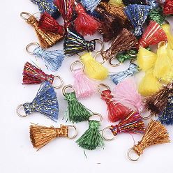 Mixed Color Polyeter Tassel Pendants, with Metallic Cord and Iron Jump Rings, Golden, Mixed Color, 10~15x5~8mm, Hole: 3.5mm