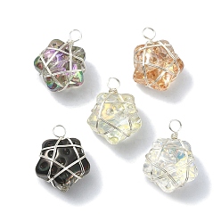 Mixed Color Transparent Glass Star Pendants, with Copper Wire Wrapped Findings, Long-Lasting Plated, Mixed Color, 19.5x15x8mm, Hole: 3mm