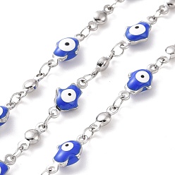 Blue Enamel Hamsa Hand with Evil Eye Link Chains, with 304 Stainless Steel Findings, Stainless Steel Color, Unwelded, with Spool, Blue, 11.5x5.5x3mm, 8x3x2mm