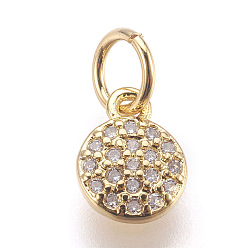 Golden Brass Micro Pave Cubic Zirconia Charms, Lead Free & Cadmium Free, Flat Round, Golden, 8x6x1.5mm, Hole: 3mm