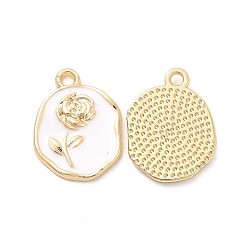 White Alloy Enamel Pendants, Golden, Oval with Rose Charm, White, 17.5x13.5x2mm, Hole: 1.6mm