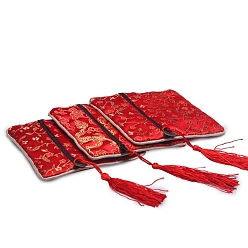 Red Floral Print Polyester Jewelry Storage Zipper Pouches, with Tassels, Square, Red, 12x12cm