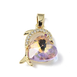 Thistle Real 18K Gold Plated Rack Plating Brass Micro Pave Clear Cubic Zirconia Pendants, with Glass, Long-Lasting Plated, Cadmium Free & Lead Free, Dolphin with Heart Charm, Thistle, 20.5x17x8mm, Hole: 5.5x3.5mm
