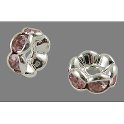 Розовый Латунь марки А горный хрусталь Spacer бисер, волнистый край, рондель, без никеля , серебряные, светло-розовый, 12x4 мм, отверстие : 2.5 мм