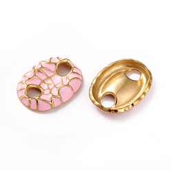 Pink 304 Stainless Steel Enamel Connector Charms, Coffee Bean Links, Golden, Pink, 12.5x16.5x3mm, Hole: 3mm