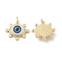 Sky Blue Brass Micro Pave Clear Cubic Zirconia Pendants, with Resin, Real 18K Gold Plated, Evil Eye Charms, Sky Blue, 17.5x20.5x6mm, Jump Ring: 6x1mm, Inner Diameter: 4mm