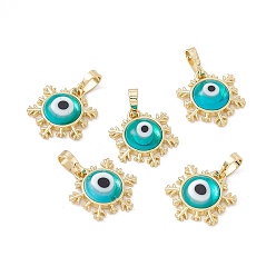 Dark Turquoise Handmade Evil Eye Lampwork Pendants, with Rack Plating Real 18K Gold Plated Brass Findings, Long-Lasting Plated, Snowflake Charm, Dark Turquoise, 15x14x4mm, Hole: 4x6.5mm