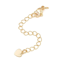 Light Gold Extensor de cadena de bordillo de latón, Cadenas de extremo con cierres de pinza de langosta y dijes de corazón, chapado en rack, sin plomo y el cadmio, larga duración plateado, la luz de oro, 65 mm, corazón: 7.5x6x0.2 mm