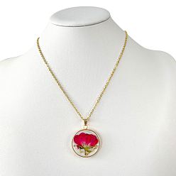 June Rose Pressed Birth Month Flower Resin Pendant Necklace, Floral Dainty Jewelry for Women, June Rose, Pendant: 30x30x3mm