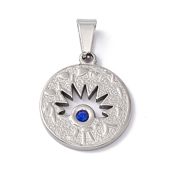 Stainless Steel Color 304 Stainless Steel Pendants, with Sapphire Rhinestone, Flat Round with Horse Eye, Stainless Steel Color, 21x8x2mm, Hole: 6.5x3mm