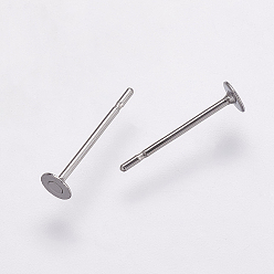 Stainless Steel Color Tarnish Resistant 304 Stainless Steel Stud Earring Settings, Flat Pad Earring Post, Flat Round, Stainless Steel Color, Tray: 3mm, 12x3mm, Pin: 0.7mm