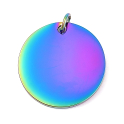 Rainbow Color Ионное покрытие (ip) 304 подвески из нержавеющей стали, с целью перехода в кольце, зеркальная полировка, плоский круглый шарм, штамповка пустой метки, Радуга цветов, 20x1.5 мм, отверстие : 3.5 мм