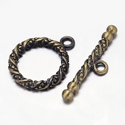 Brushed Antique Bronze Carved Brushed Antique Bronze Brass Ring Toggle Clasps, Nickel Free, Ring: 20x16x2.5mm, Bar: 6x25x2.5mm,, Hole: 2mm