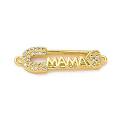 Real 18K Gold Plated Rack Plating Brass Micro Pave Clear Cubic Zirconia Connector Charms, Safety Pin Links, Long-Lasting Plated, Lead Free & Cadmium Free, Real 18K Gold Plated, 8.4x29x2.7mm, Hole: 1.2mm