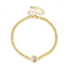 Pearl Pink Cubic Zirconia Rectangle Link Bracelet with Curb Chains, Gold Plated Brass Jewelry for Women, Lead Free & Cadmium Free, Pearl Pink, 7-1/8 inch(18.2cm)