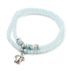 Light Cyan Stretch Bracelets Sets, Stackable Bracelets, with Sea Turtle Alloy Pendants, Rondelle Glass Beads, Natural Larimar & Turquoise(Dyed) Beads, Antique Silver, Light Cyan, Inner Diameter: 2-1/8 inch(5.5cm), 2pcs/set