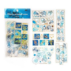 Deep Sky Blue Jellyfish Pattern PET Stickers, Gold Stamping Self-Adhesive Decals for DIY Album Scrapbook, Diary Decoration, Deep Sky Blue, 90~135mm