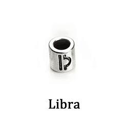 Libra Antique Silver Plated Alloy European Beads, Large Hole Beads, Column with Twelve Constellations, Libra, 7.5x7.5mm, Hole: 4mm, 60pcs/bag