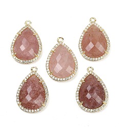 Клубничный Кварц Граненые подвески из натурального клубничного кварца, стойка покрытие латунь микропаве прозрачный кубический цирконий каплевидные подвески, золотые, 24.5x16.5x6.5 мм, отверстие : 1.6 мм