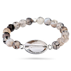 BC67-2 Natural Druzy Stone Beaded Bracelet with Dragon Vein Agate, Elastic Stretchy Jewelry