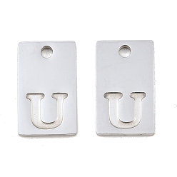 Letter U 304 Stainless Steel Pendants, Rectangle with Letter Charms, Stainless Steel Color, Letter U, 16x10x1.4mm, Hole: 1.8mm