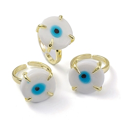 White Lampwork Evil Eye Open Cuff Ring, Light Gold Brass Lucky Jewelry for Women, Lead Free & Cadmium Free, White, US Size 6 1/4(16.7mm)