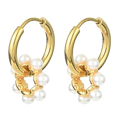 Golden Brass Flower with Plastic Pearls Beaded Dangle Hoop Earrings, 304 Stainless Steel Jewelry, Golden, 20x14mm