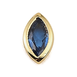 Blue Brass Pave Cubic Zirconia Cabochons, Horse Eye, Faceted, Pointed Back, Rack Plating, Long-Lasting Plated, Cadmium Free & Lead Free, Real 18K Gold Plated, Blue, 8x4.5x2mm