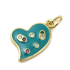 Light Sea Green Rack Plating Brass Pendants, with Enamel and Cubic Zirconia, Lead Free & Cadmium Free, Real 18K Gold Plated, Heart, Light Sea Green, 16x10x1.5mm