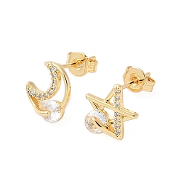 Золотой Серьги-гвоздики из латунного микро-паве, звезда и луна, слева и справа, золотые, 9.5x9.5 мм