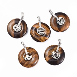 Tiger Eye Natural Tiger Eye Pendants, with Platinum Tone Brass Findings, Donut/Pi Disc with Mixed Shapes, 35.5x30x8.5~9.5mm, Hole: 4.5x6.5mm