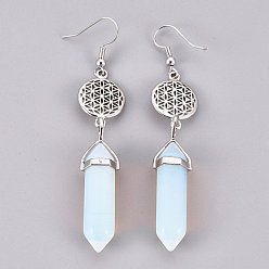 Opalite Pointed Bullet Opalite Dangle Earrings, with Brass Earring Hooks and Flat Round with Flower of Life Links, Platinum, 77mm, Pin: 0.7mm