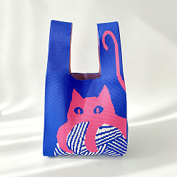 Blue Polyester Cat Print Knitted Tote Bags, Cartoon Crochet Handbags for Women, Blue, 36x20cm