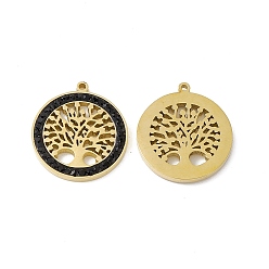 Jet Vacuum Plating 201 Stainless Steel Rhinestone Pendants, Flat Round with Tree of Life Pattern Charms, Real 18K Gold Plated, Jet, 16.5x15x1.5mm, Hole: 0.9mm