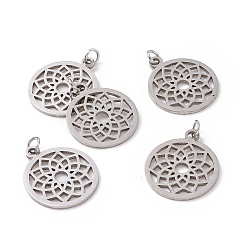 Stainless Steel Color 304 Stainless Steel Pendants, Chakra, Sahasrara, Flat Round with Flower, Stainless Steel Color, 22.5x19x1mm, Hole: 3mm
