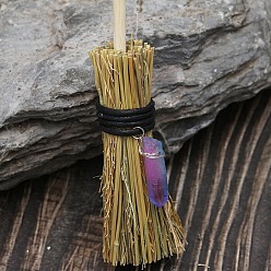 Violet Mini Witch Wiccan Altar Broom with Dyed Natural Crystal  Wand, Halloween Healing Wiccan Ritual Decor, Violet, 150x25mm