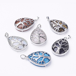 Mixed Stone Natural & Synthetic Mixed Stone Pendants, with Brass Findings, teardrop, Platinum, 39x26x7~9mm, Hole: 5x7mm