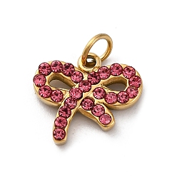 Розовый 304 из нержавеющей стали горный хрусталь подвески, с целью перехода в кольце, очарование бантом, реальный 14 k позолоченный, ионное покрытие (ip), светло-розовый, 15.5x11x2.5 мм, отверстие : 2.5 мм