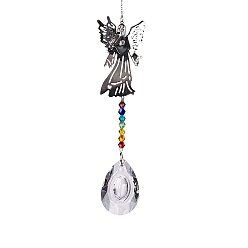 Colorful Glass Teardrop Pendant Decorations, with Metal Angel Link, Hanging Suncatchers Garden Decorations, Colorful, 350mm