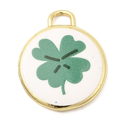 Клевер Латунные подвески с принтом, плоские круглые прелести, долговечный, реальный 18 k позолоченный, клевер, 20x17x3 мм, отверстие : 3x3 мм