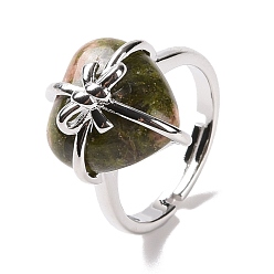 Унакит Сердце из натурального унакита с регулируемым кольцом с бантом, украшения из латунной проволоки для женщин, без кадмия и без свинца, платина, размер США 7 1/4~13 (17.5~22.3 мм)