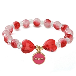 Deep Pink Jewelry Gift for Mother's Day, Alloy Enamel Charm Bracelets, Round & Heart Twon Tone Glass Beaded Bracelet for Women, Deep Pink, Inner Diameter: 2 inch(5cm)