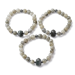 Лабрадорита Эластичный браслет из бусин натурального лабрадорита для женщин, шестиугольник, с немагнитных синтетическими гематита бисера, бусины : 8.5 мм и 16.5x11x10 мм, внутренний диаметр: 2 дюйм (5 см)